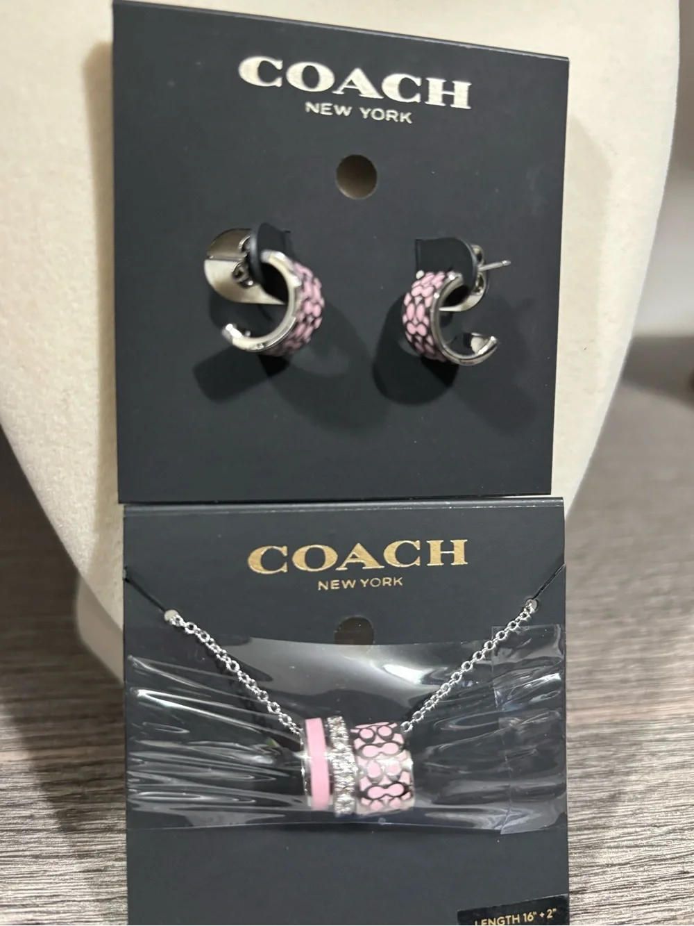 NWT Coach Signature Huggie Cuff earrings and a matching pendant necklace